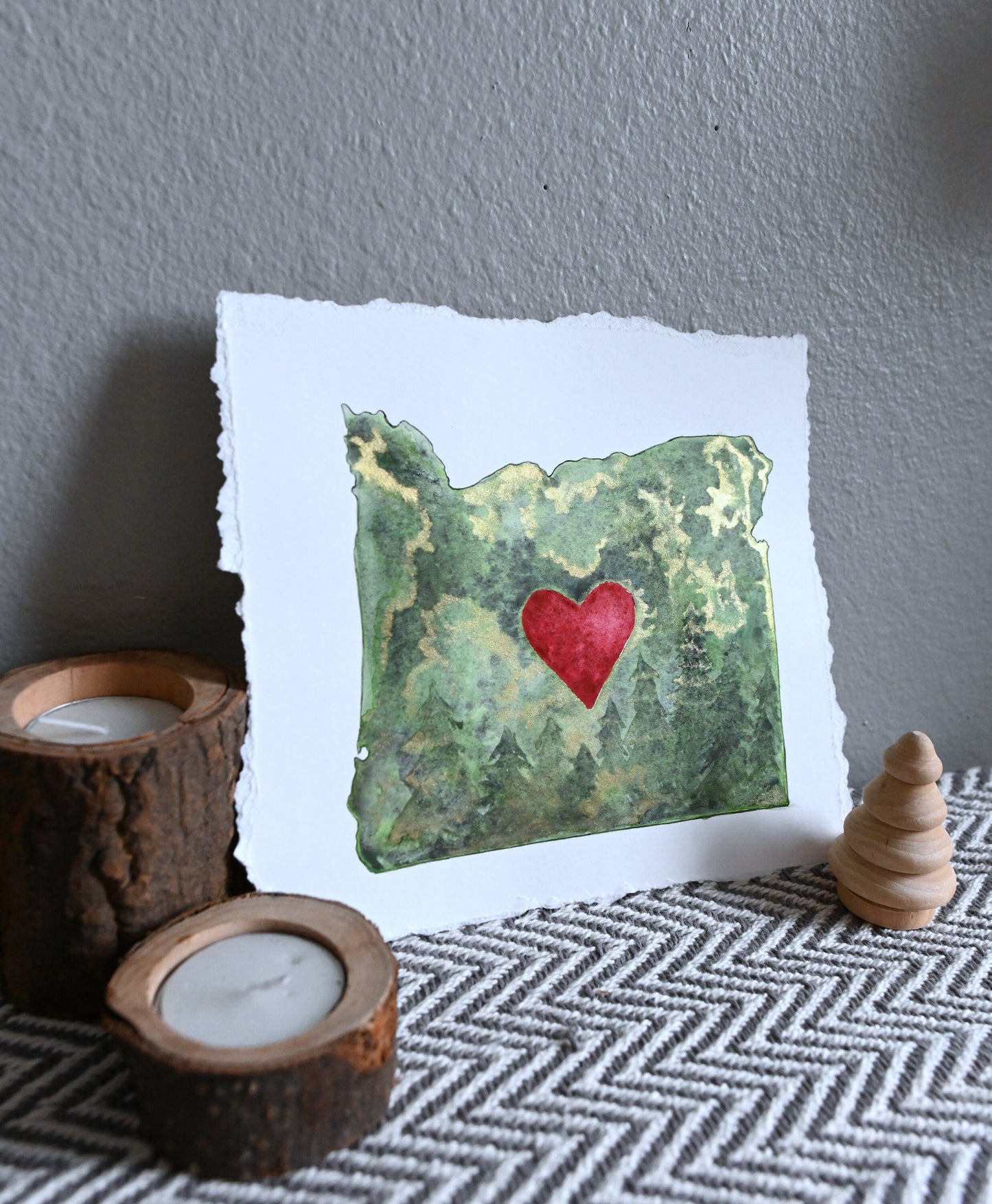 Oregon Watercolor Painting | Green Forest Heart Love Oregon Artwork | Cottagecore Home Decor | ORIGINAL ARTWORK